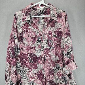 Studio Works Women's Roll Tab Sleeve Button Up, Pink/Burgundy Paisley Print, 2XL